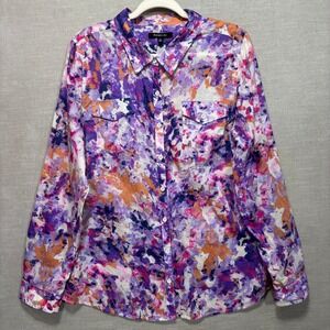 Relativity Womens Abstract Floral Blouse XL Purple Artsy Watercolor Vibrant Chic